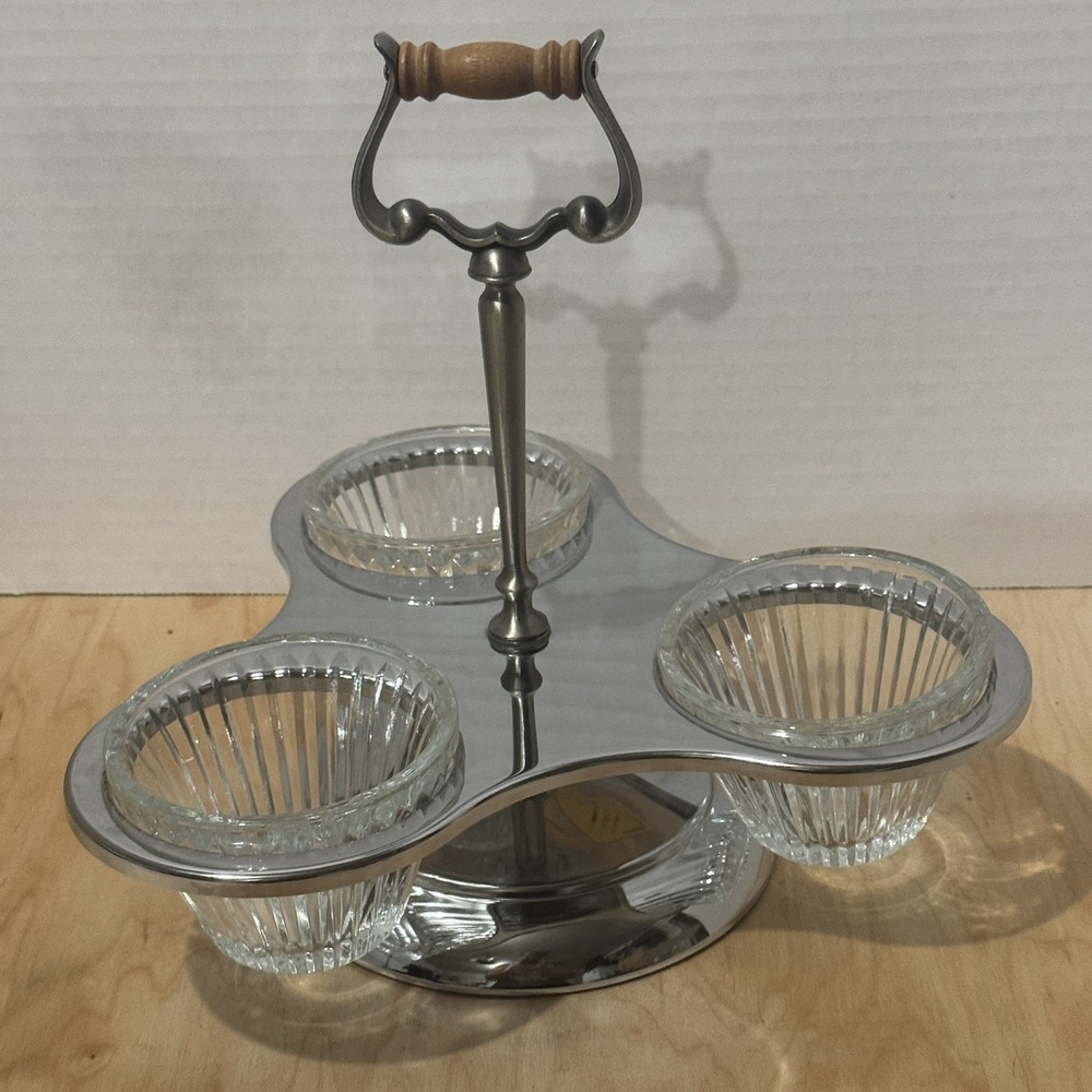 Vintage Kromex Chrome Serving Tray 3 Clear Glass Bowls Dip Condiments Removable - Picture 3 of 10